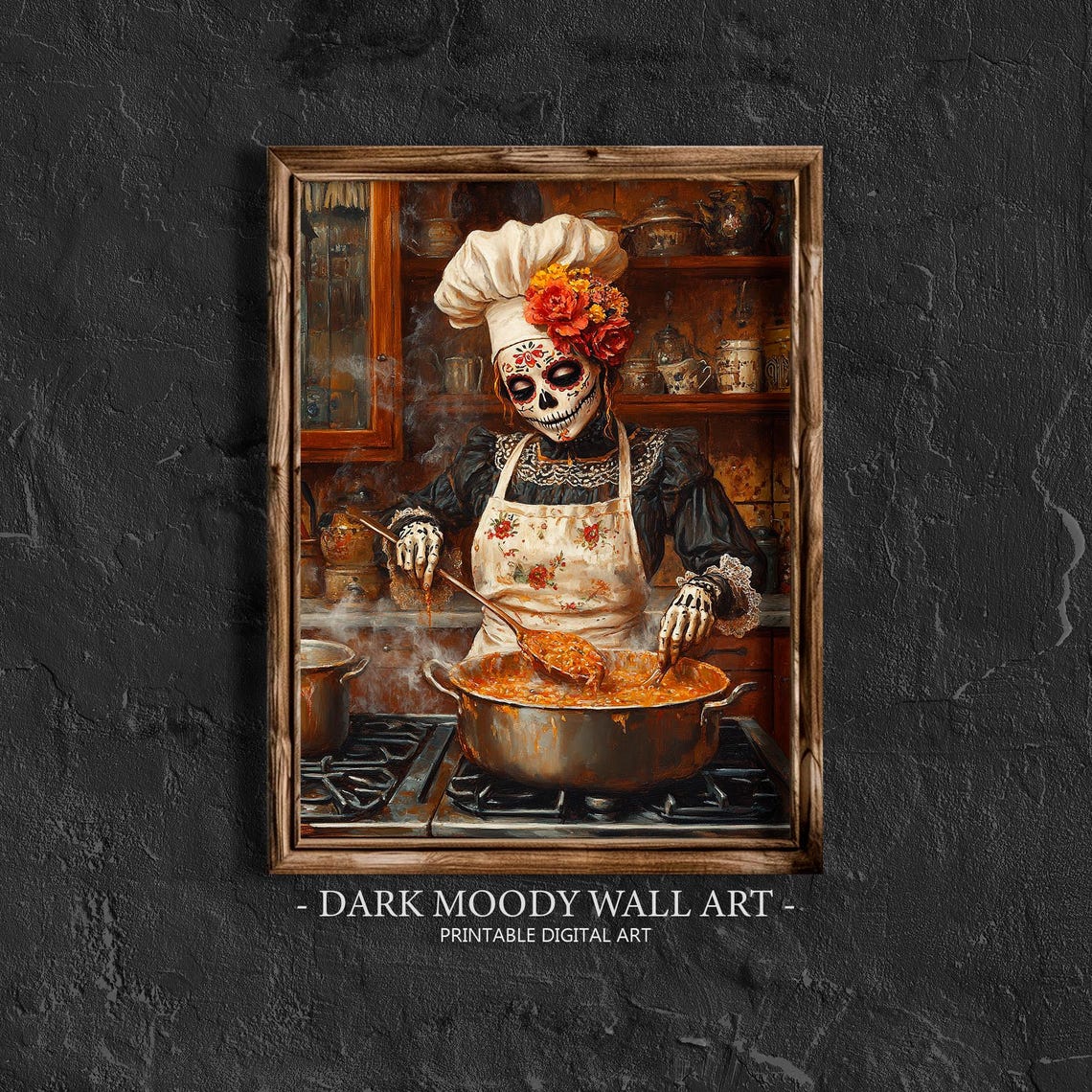 Day of the Dead Catrina Chef Moody Kitchen Cooking Scene Poster
