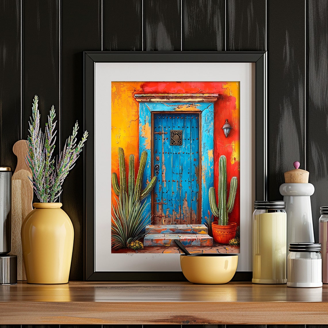 Blue Wooden Door Orange Wall Cactus Garden Mexican Art Print - Image 2