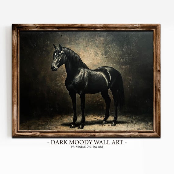 Moody Black Horse Wall Art Dark Vintage Horse Painting Print Dark Academia Decor