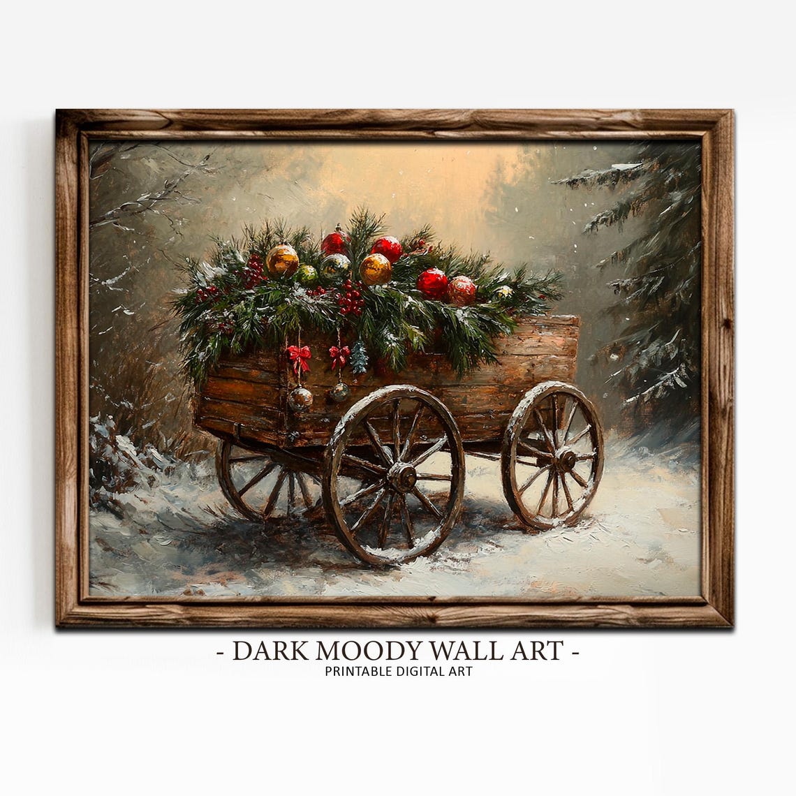 Wooden Wagon Loaded With Christmas Greenery and Ornaments Wall Art