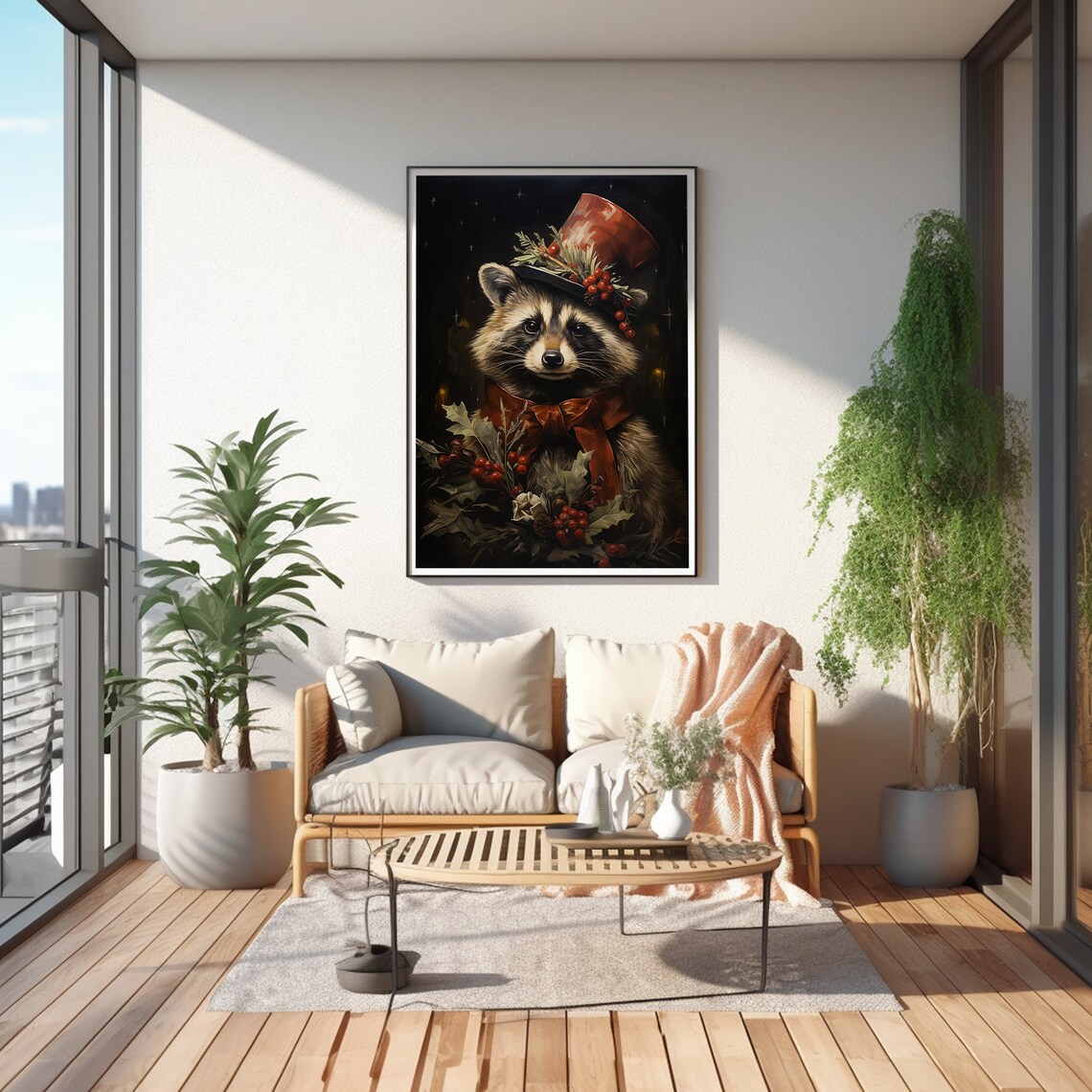 Vintage Christmas Raccoon Art Print, Festive Decor - Image 2