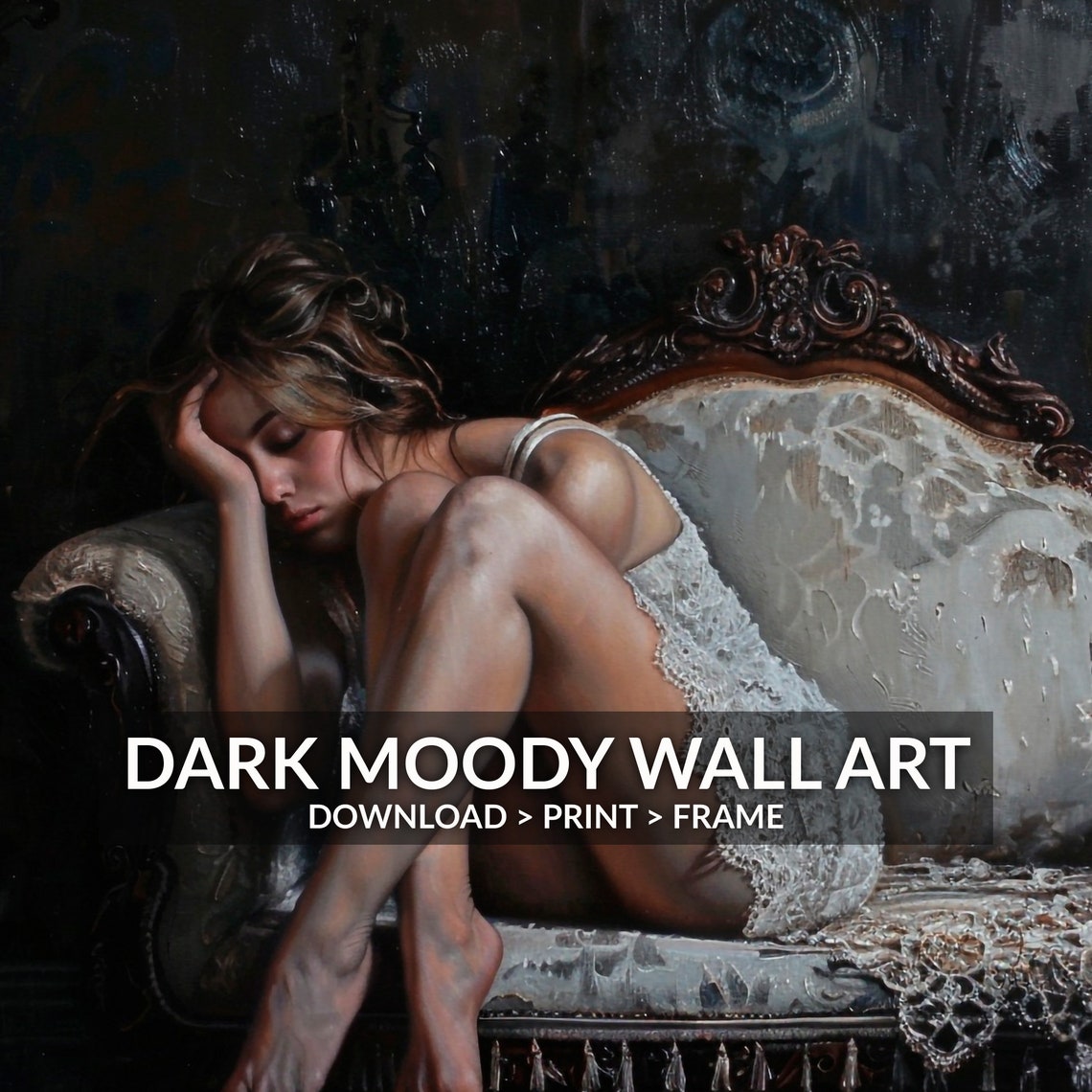 Woman In White Lace Antique Sofa Dark Moody Victorian Art Poster - Image 6
