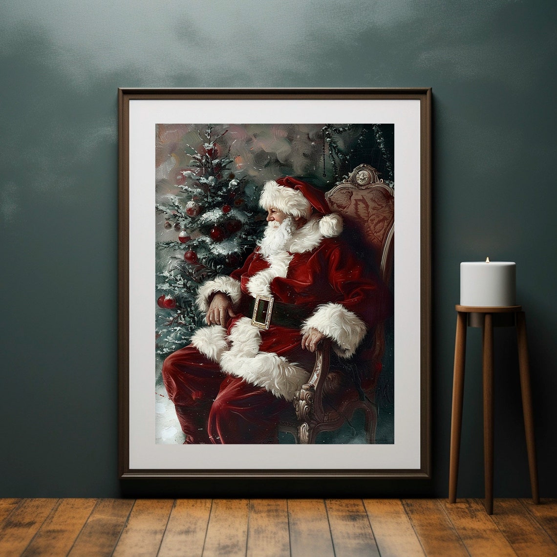 Santa Claus Chair Christmas Tree Vintage Painting Holiday Decor Poster - Image 4