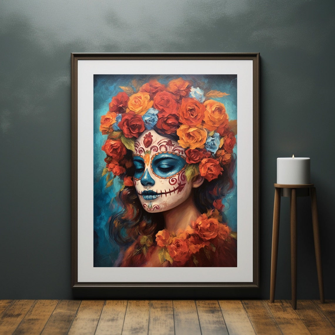 Catrina Marigold Crown Blue Background Day of Dead Art Poster - Image 5
