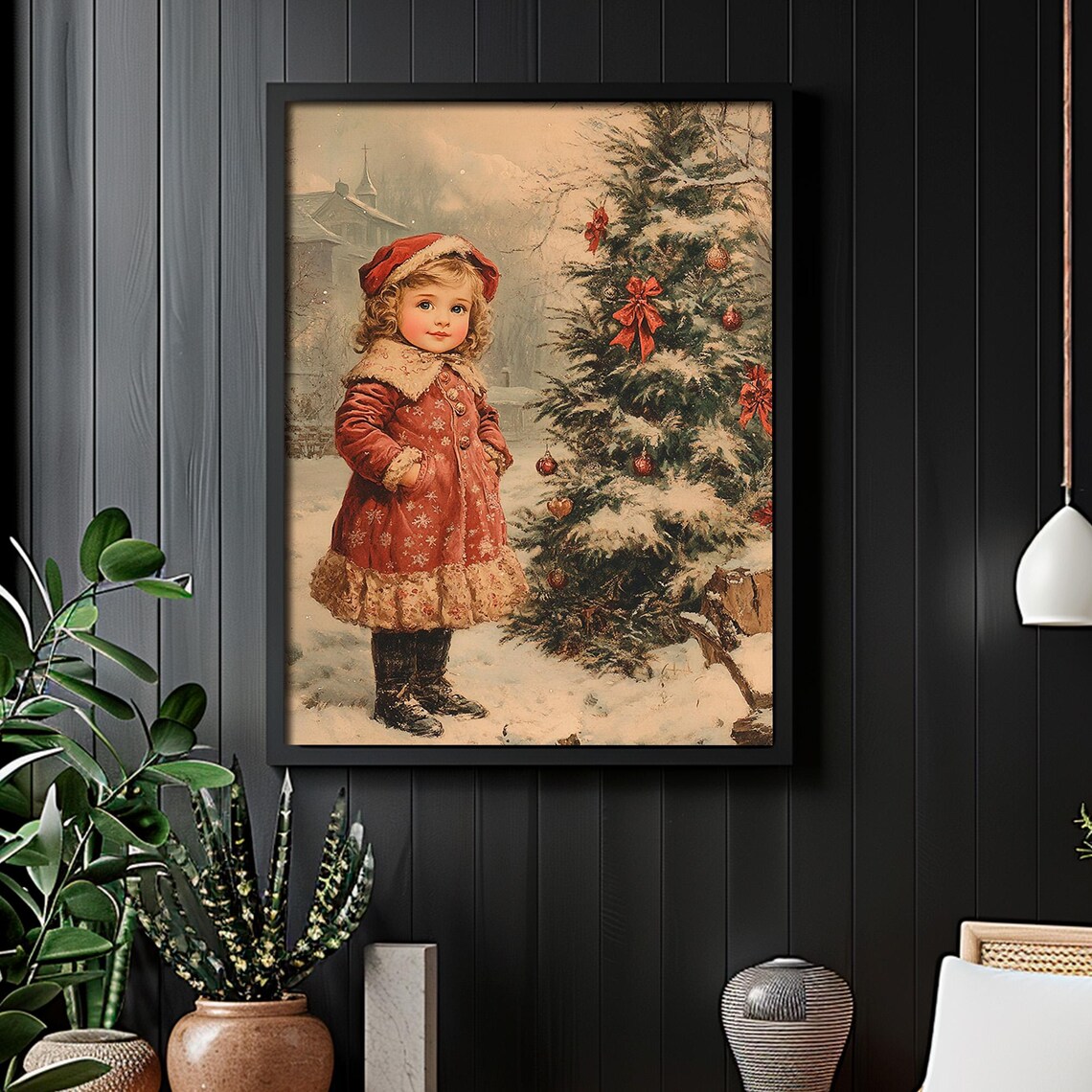 Vintage Girl in Red Coat Beside Snowy Christmas Tree Wall Art - Image 2