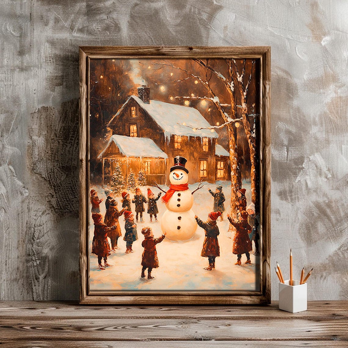 Children Dancing Around Snowman Cabin Night Christmas Poster - Image 6