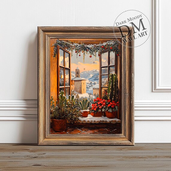 Italian Winter Village Poster Snowy Window View Church Tower Artwork