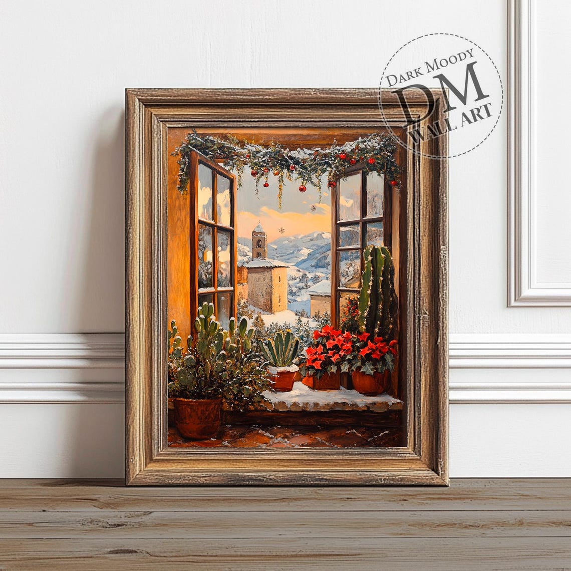 Italian Winter Village Poster Snowy Window View Church Tower Artwork