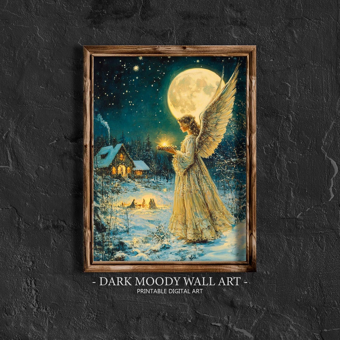 Christmas Angel with Lantern Full Moon Snowy Night Painting Poster