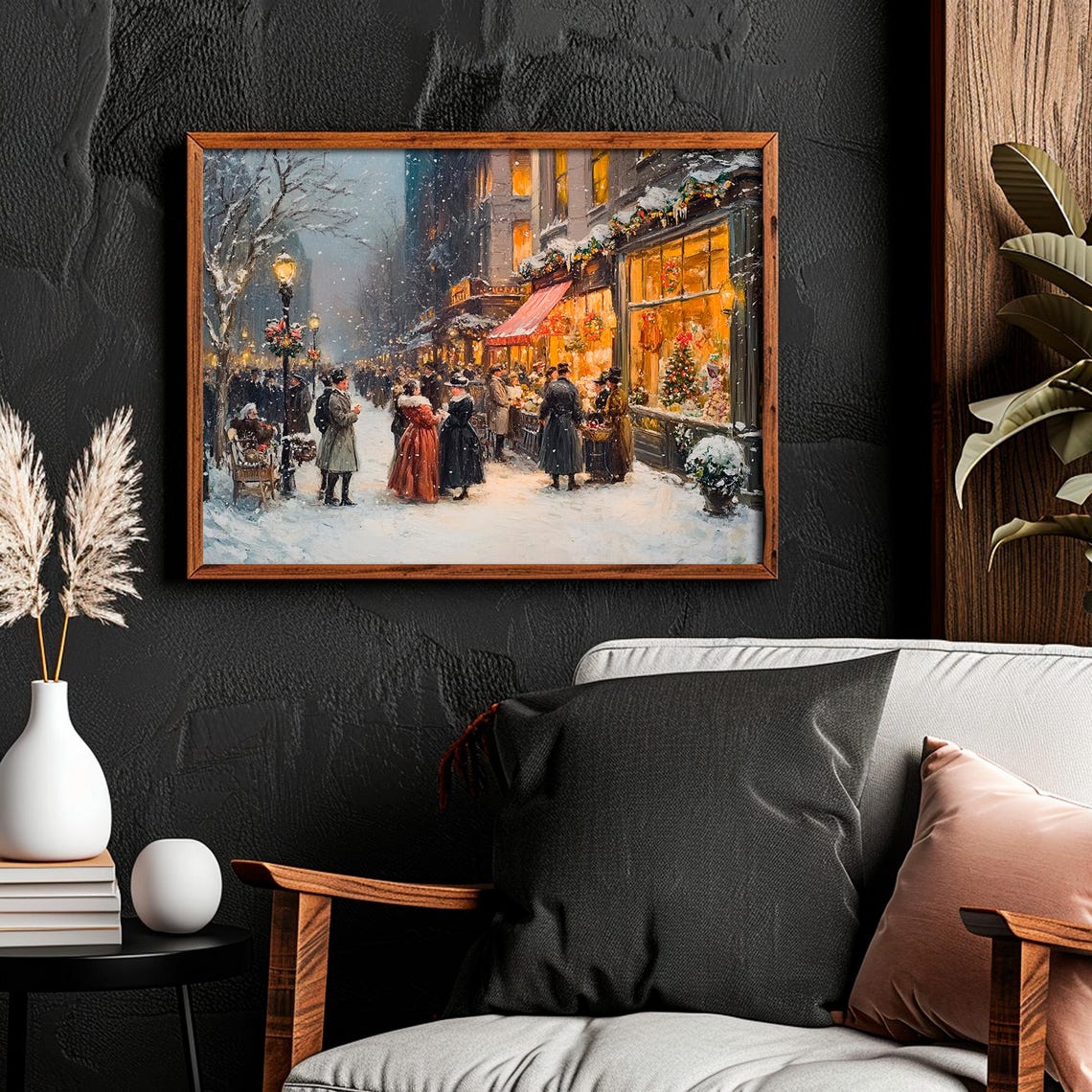 Vintage Christmas Village Wall Art Victorian City Town Street During Christmas Winter Snowy Painting Print - Image 2