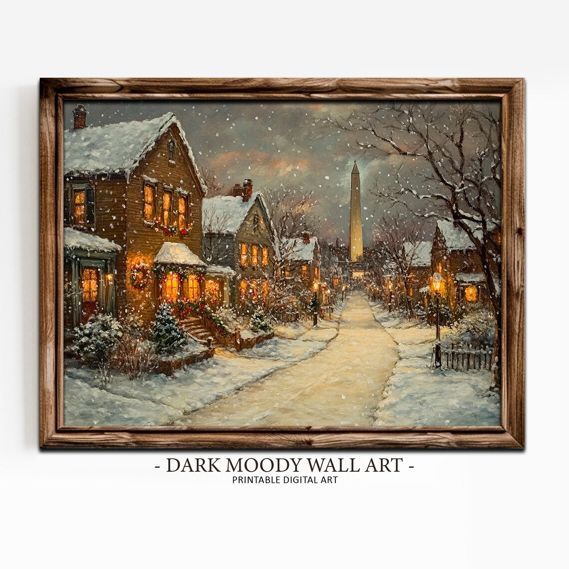 Victorian Snowy Village Street Glowing Windows Dusk Lane Poster