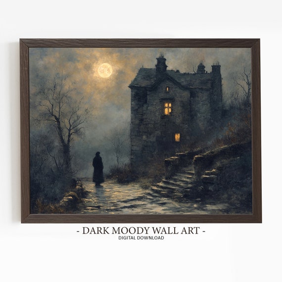 Farmhouse Cottage Dark Moody Wall Art Forest Cabin Painting Print Moody Landscape Art Decor