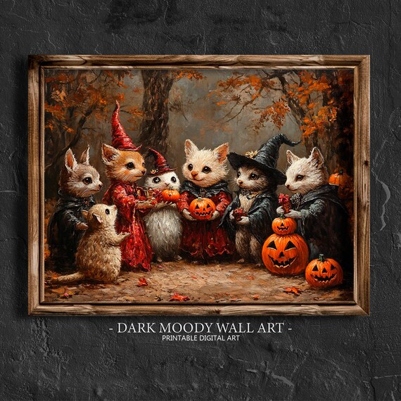 Costumed Mice with Pumpkins Halloween Trick or Treat Group Art Poster
