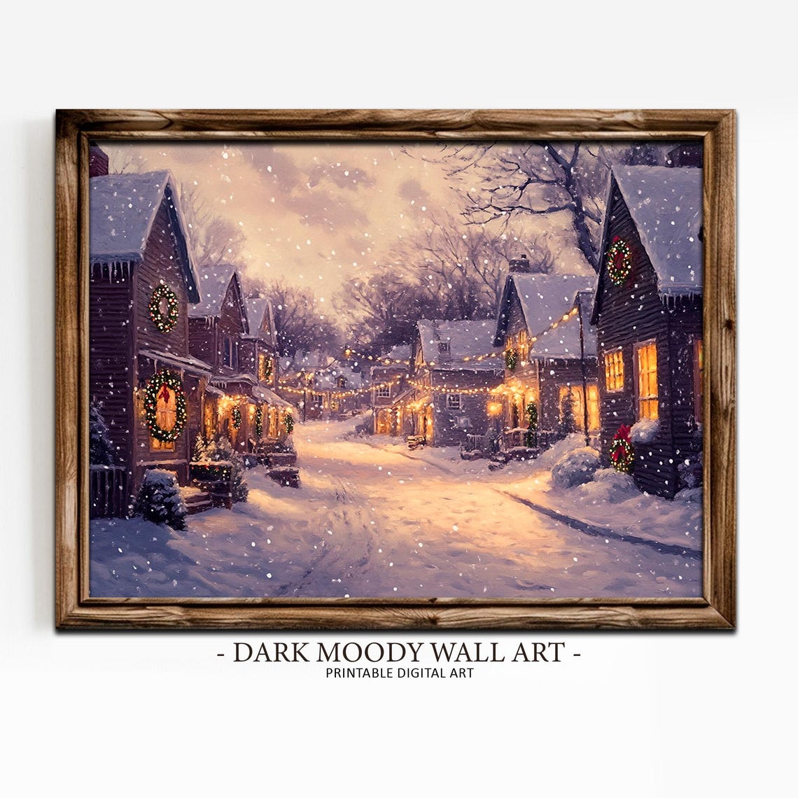 Snowy Village Street Twilight Wreaths String Lights Painting Poster