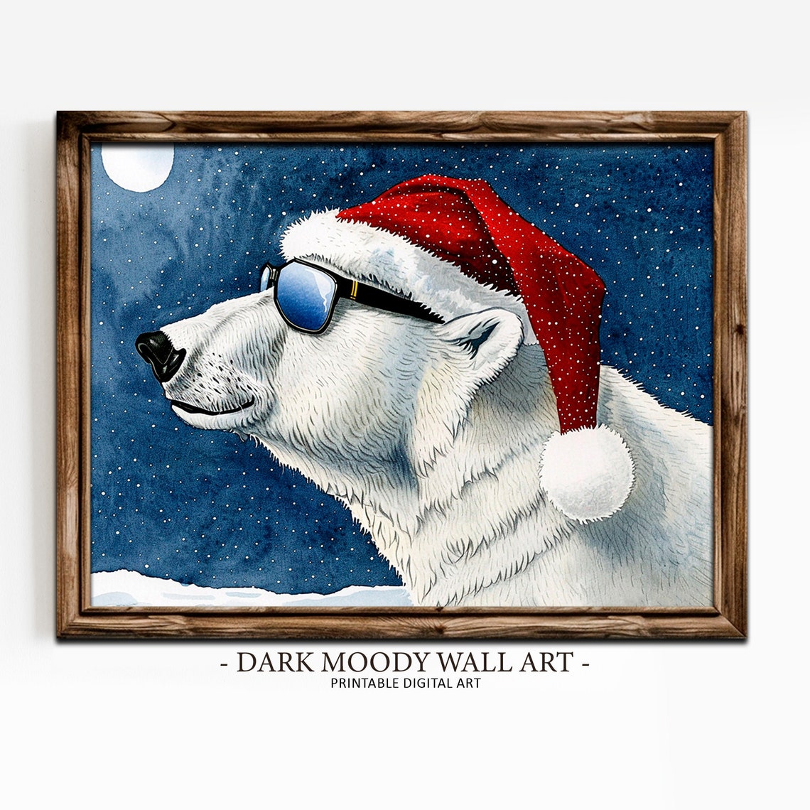 Polar Bear Santa Hat Sunglasses Snowy Night Whimsical Animal Poster