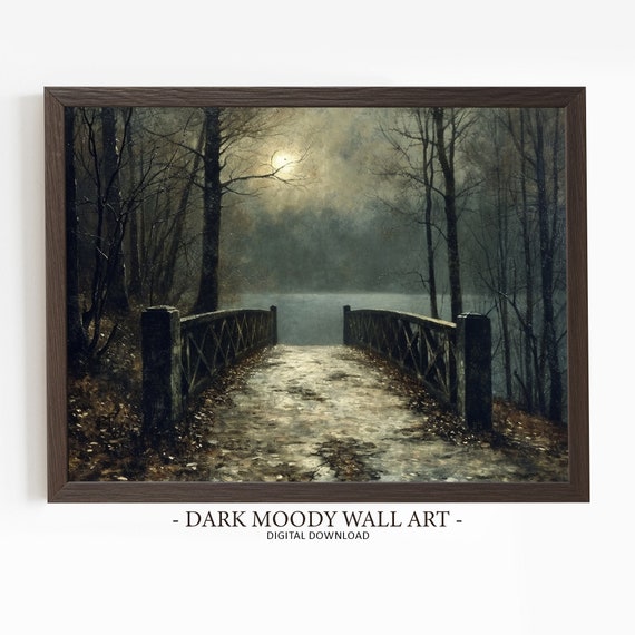 Moody Park Alley Print Dark Forest Print Lake Painting Moonlight Landscape Prints Rustic Wall Decor