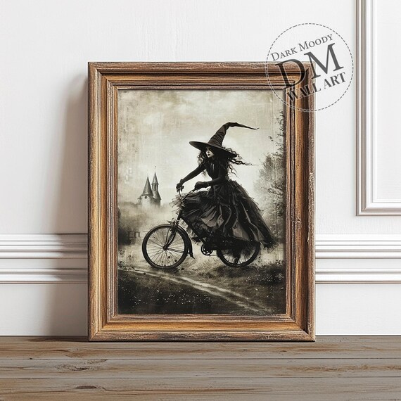 Witch Riding Bicycle Misty Path Castle Vintage Sepia Art Poster