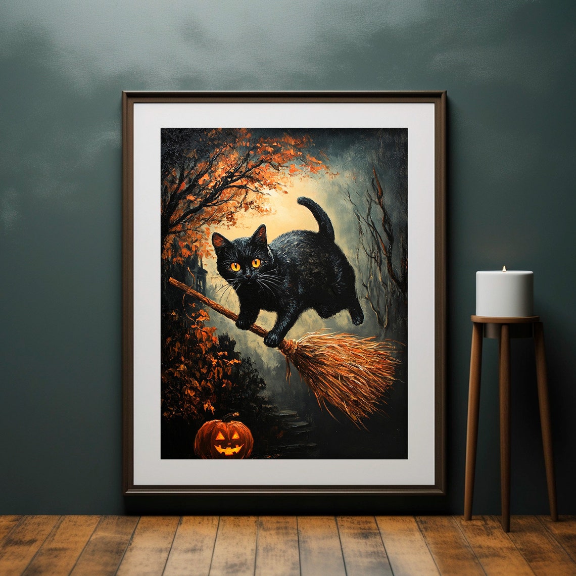 Black Cat Riding Broomstick Halloween Moonlit Night Flight Poster - Image 2