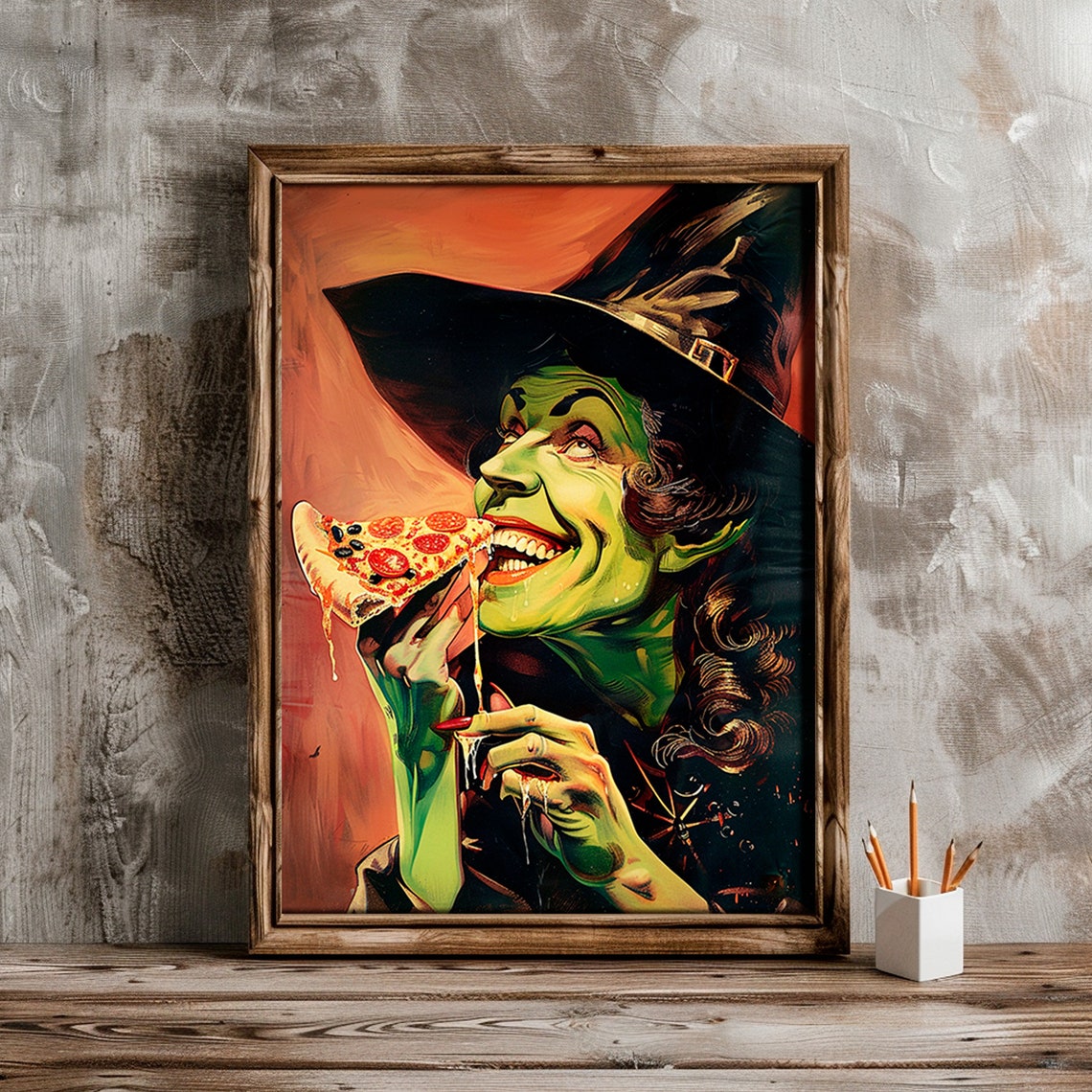 Green Witch Eating Pizza Slice Funny Retro Halloween Art Poster - Image 4