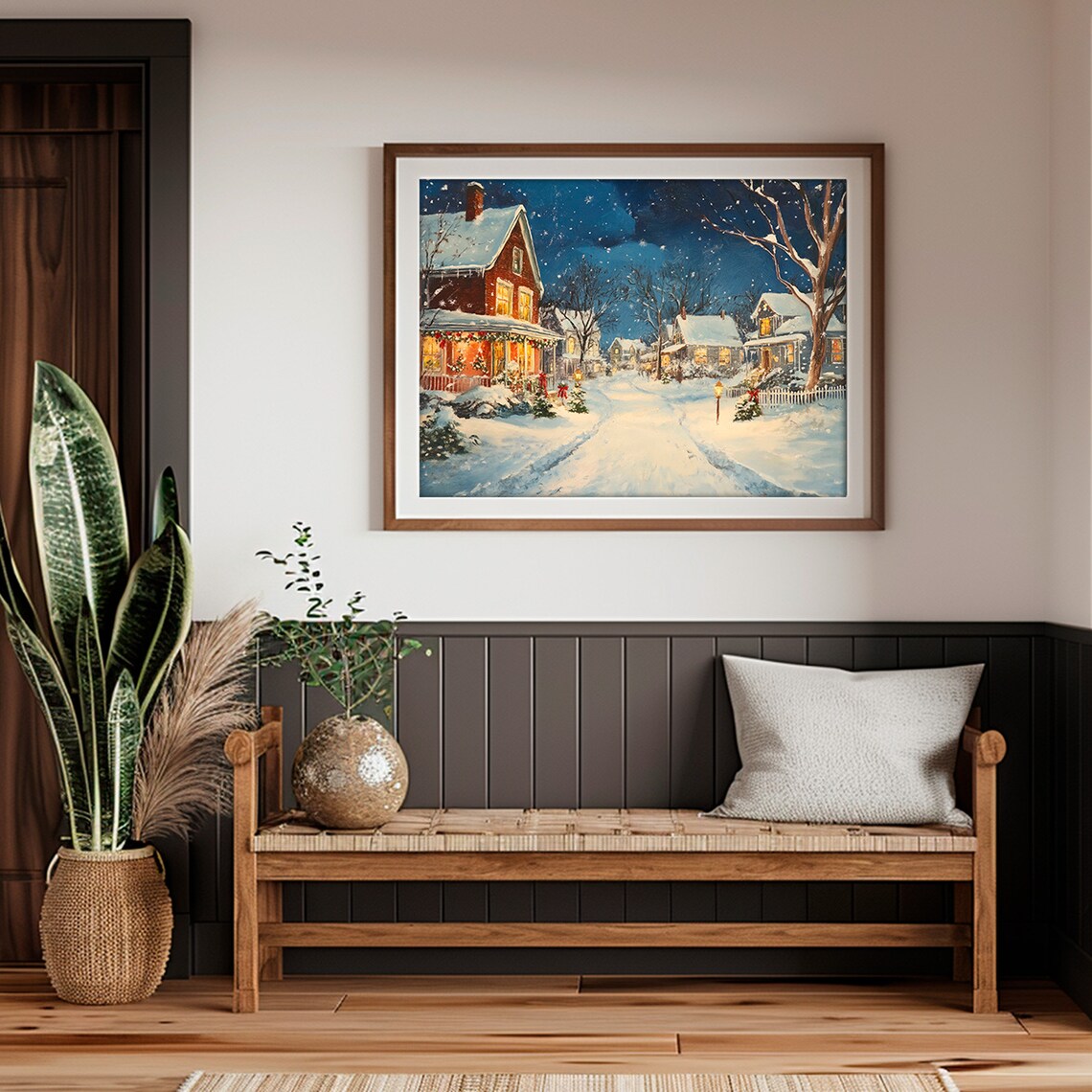Victorian Snowy Christmas Street Scene Festive Winter Village Poster - Image 2