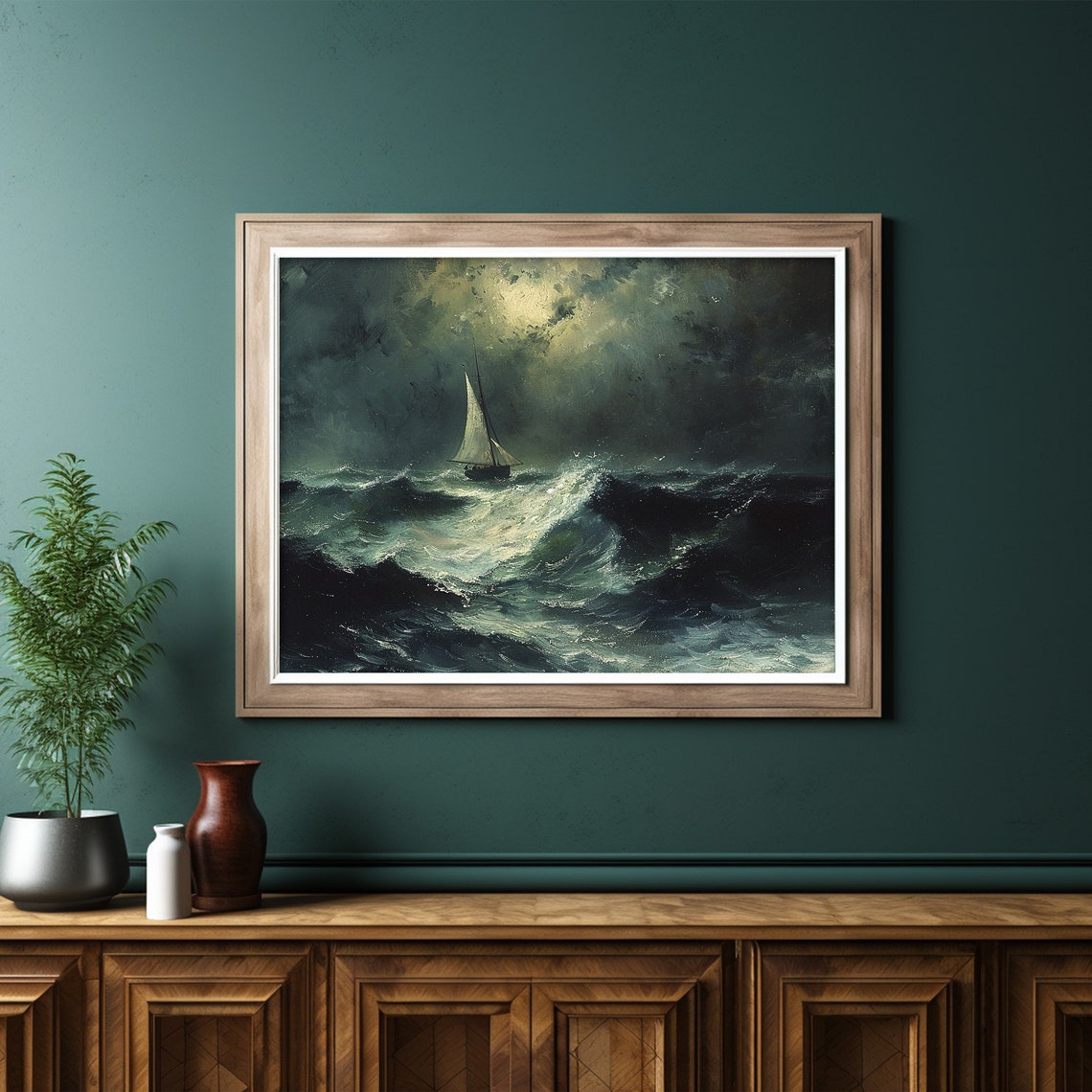Sailboat in Stormy Night Sea Dramatic Waves Moody Ocean Poster - Image 6