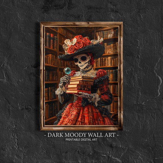 Day of the Dead Catrina Librarian Books Library Sugar Skull Gothic Portrait Poster