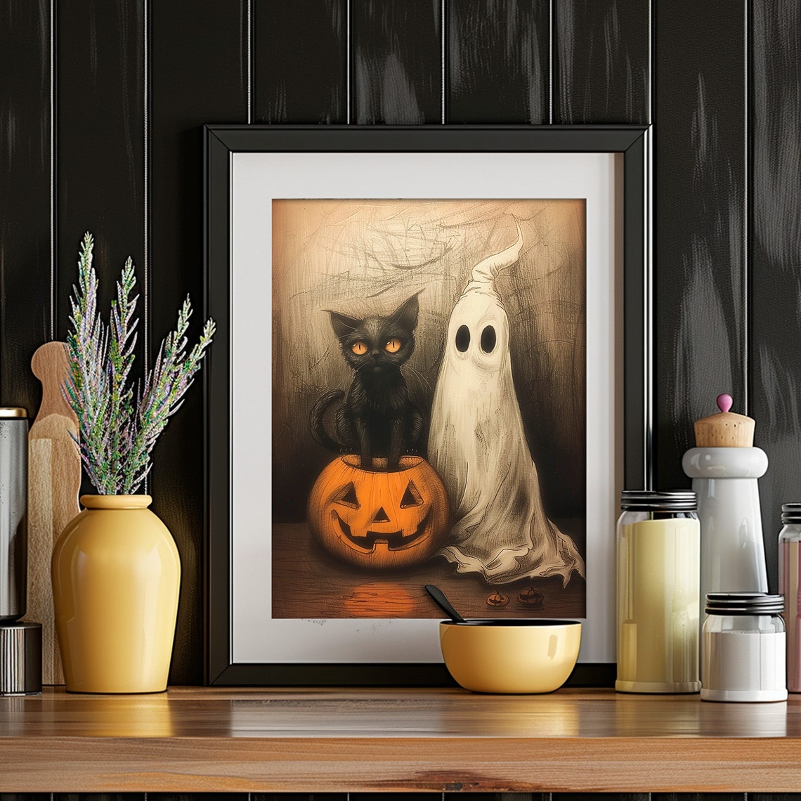 Black Cat Pumpkin Ghost Halloween Painting Jack O Lantern Cute Poster - Image 5