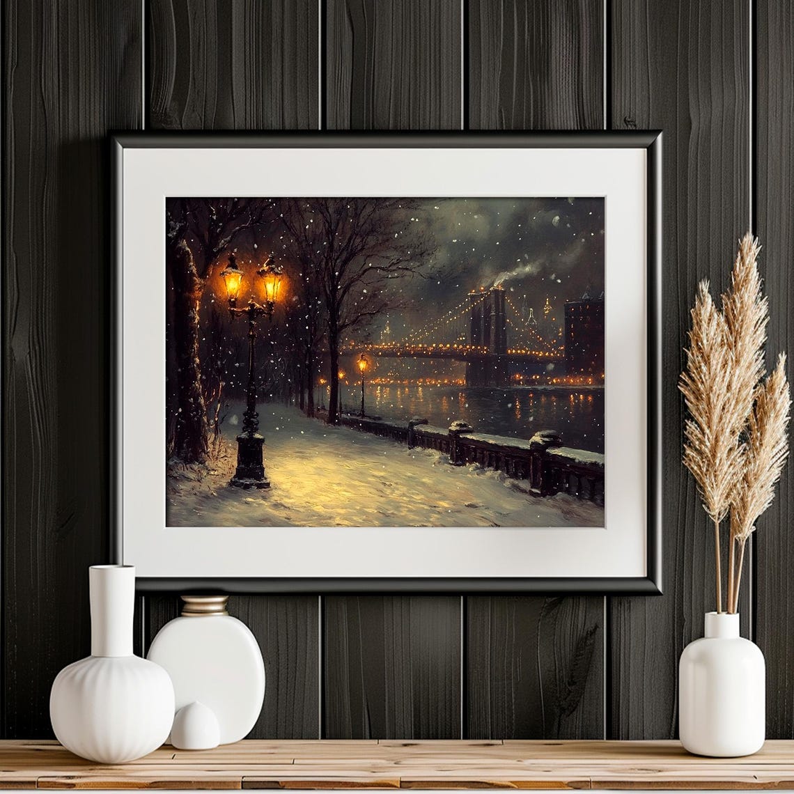 Snowy Park Path Vintage Lamppost Brooklyn Bridge Night Poster - Image 4