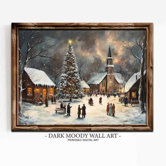 Vintage Christmas Town Print Christmas Wall Art Christmas Church Village Streets Snowy Moody Landscape Painting Winter Art