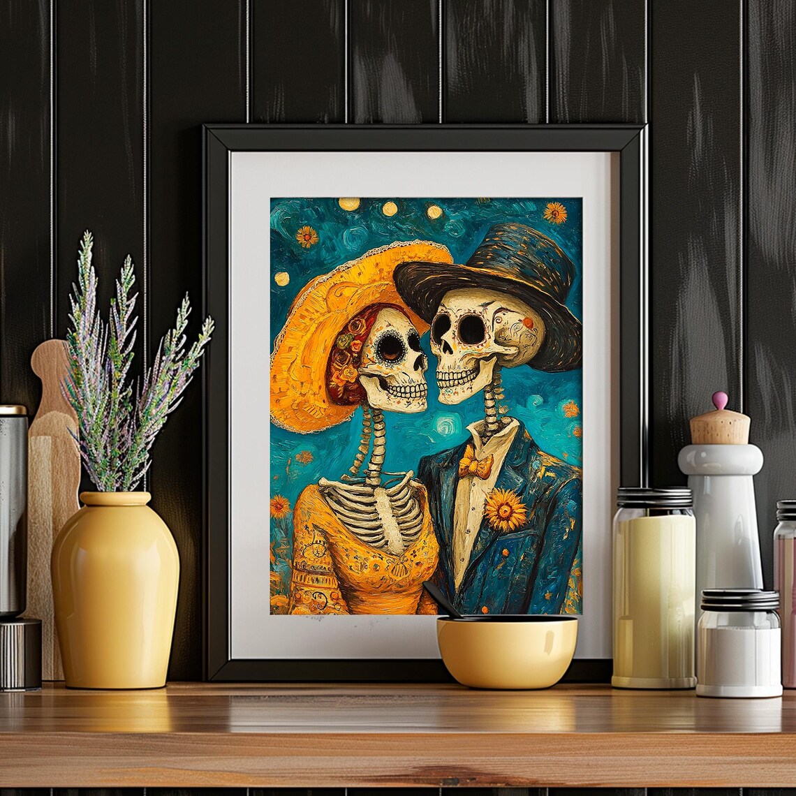 Day of the Dead Skeleton Couple Starry Sky Bow Tie Sugar Skull Portrait Poster - Image 4