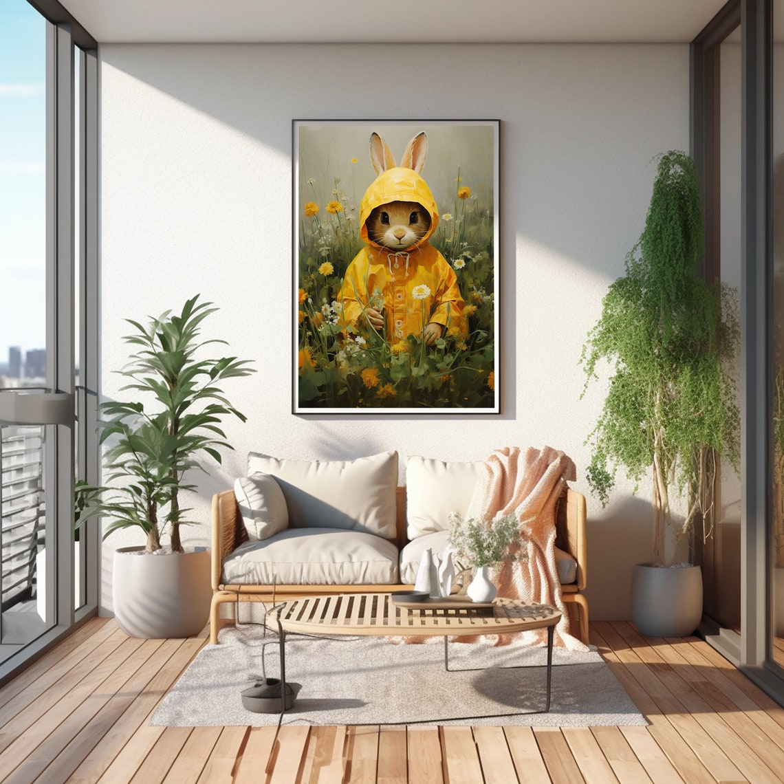 Bunny in Yellow Raincoat Wildflower Meadow Watercolor Spring Poster - Image 2