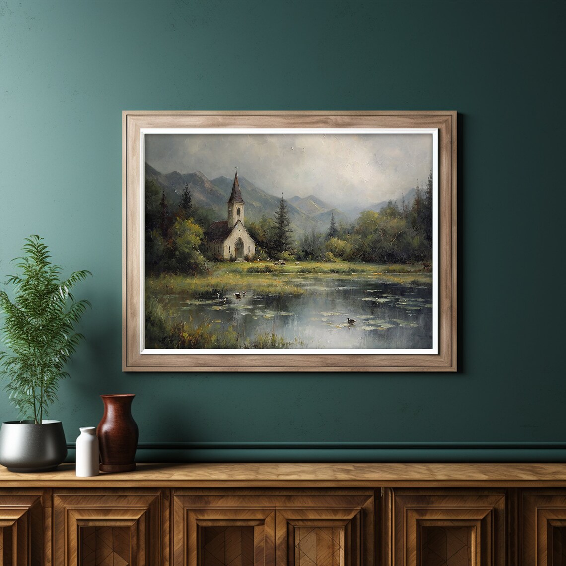 Vintage Church Painting Moody Landscape Art Print - Image 6