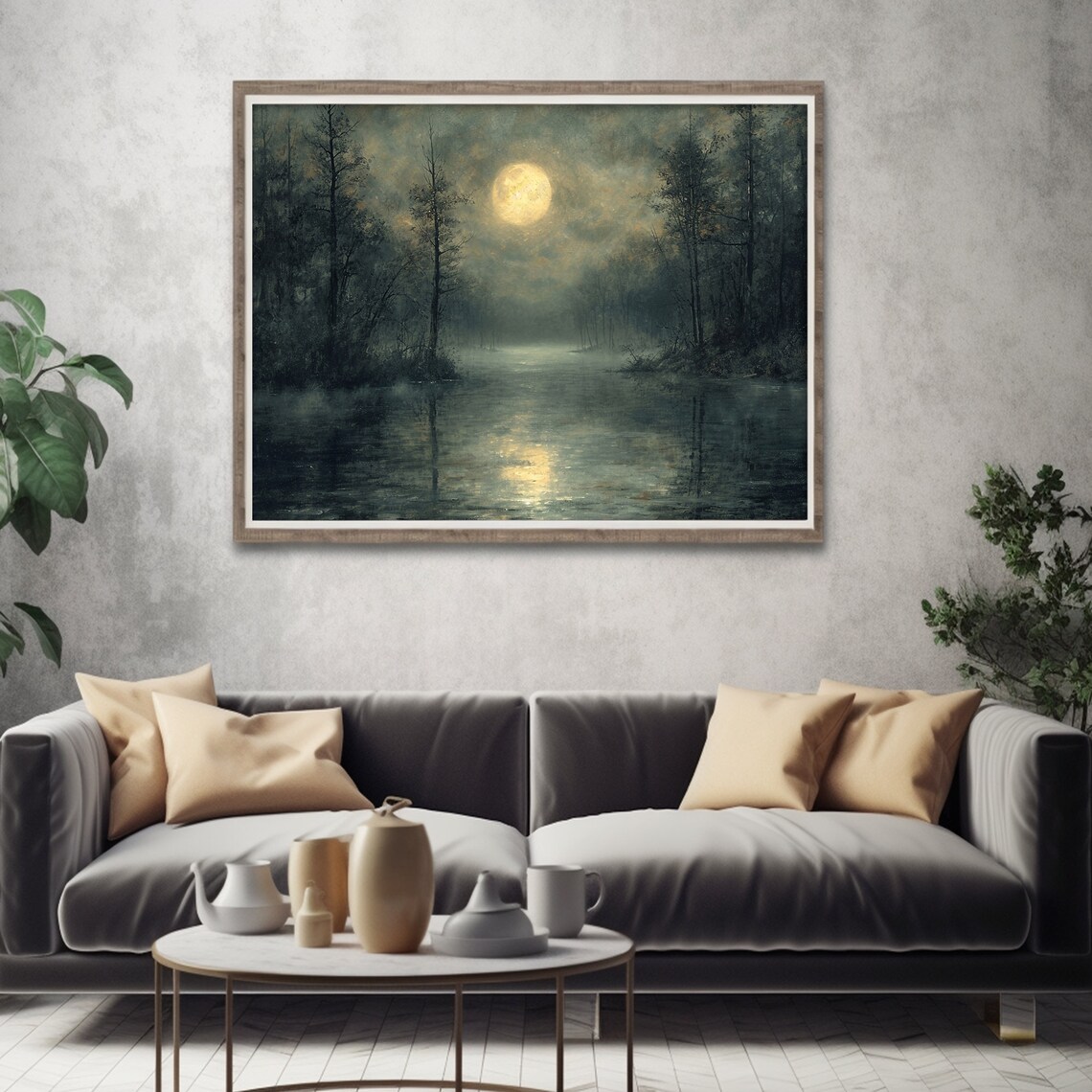 Dark Moonlight Moody Forest Landscape, Rustic Decor - Image 2