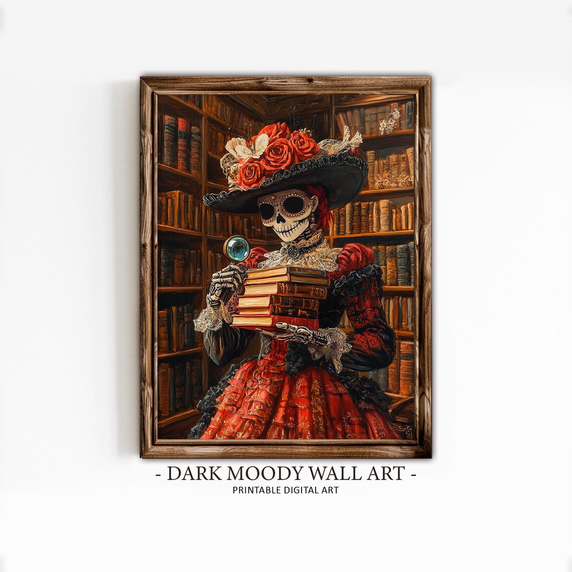 Day of the Dead Catrina Librarian Books Library Sugar Skull Gothic Portrait Poster - Image 2