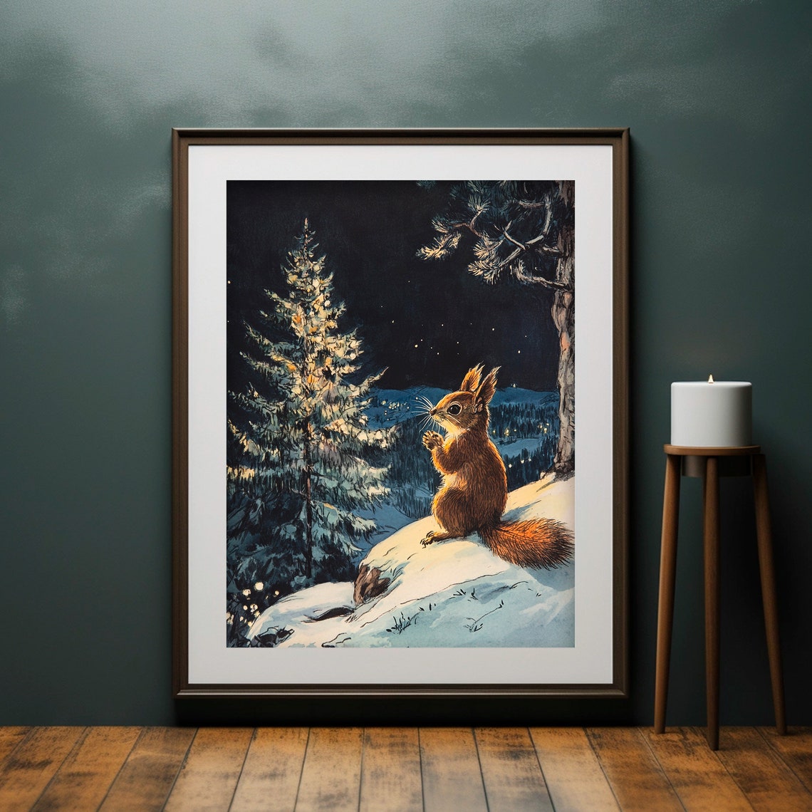 Red Squirrel Snowy Night Forest Storybook Animal Painting Poster - Image 2