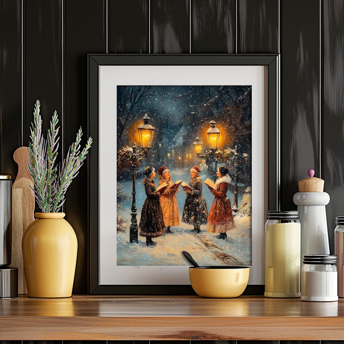 Women Caroling Under Lampposts Snowy Night Christmas Wall Art - Image 4