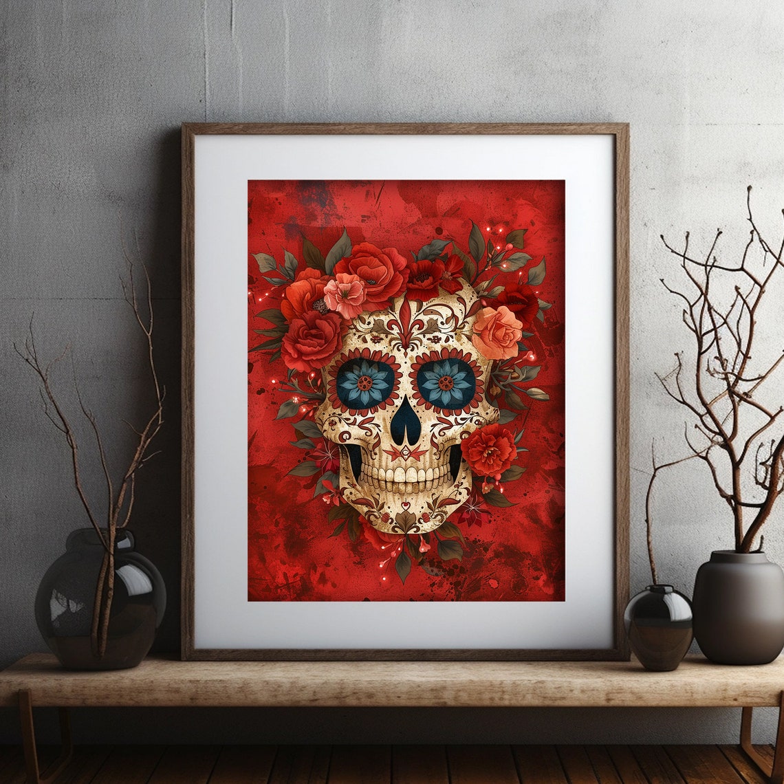 Flower Sugar Skull Painting Dia De Los Muertos Art Mexican Print - Image 2