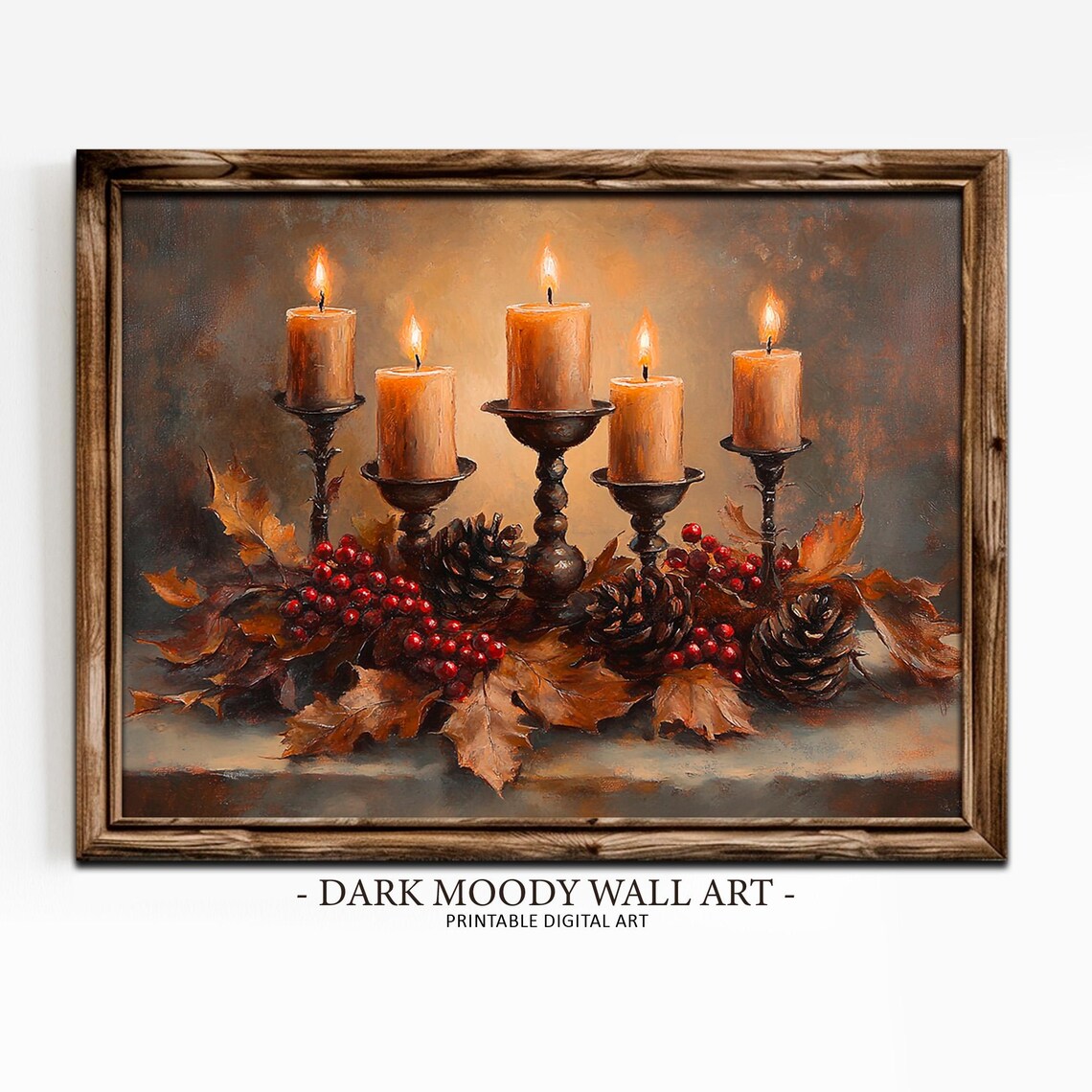 Five Lit Candles With Autumn Leaves Pinecones Berries Cozy Fall Painting Poster - Image 4