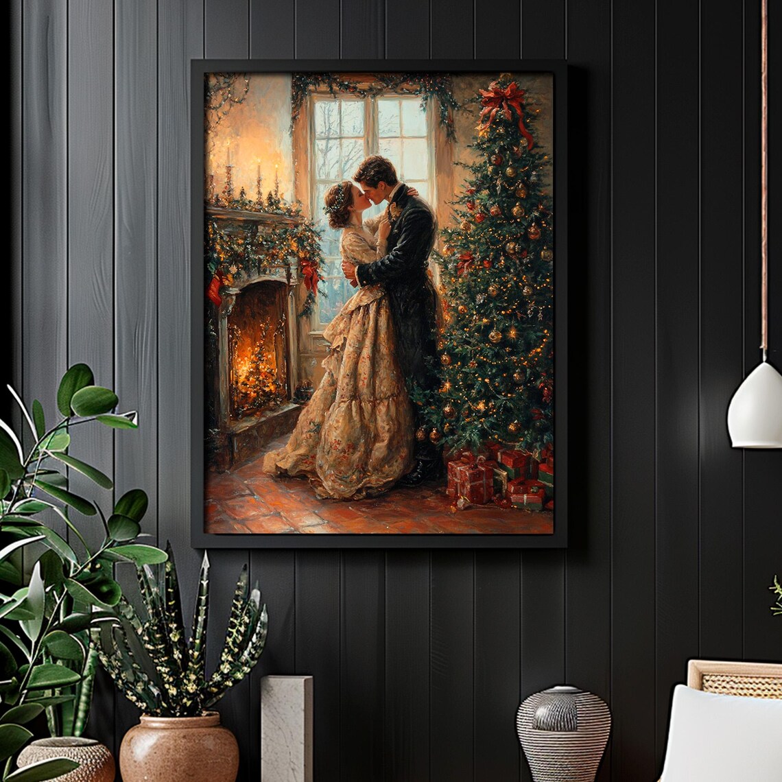 Victorian Couple Kissing Vintage Christmas Art Print - Image 2