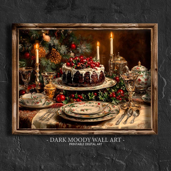 Victorian Christmas Kitchen Decor Christmas Table Wall Art Vintage Christmas Prints Moody Christmas Painting