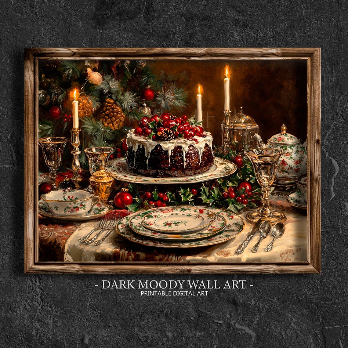 Victorian Christmas Pudding Feast on Candlelit Table Wall Art