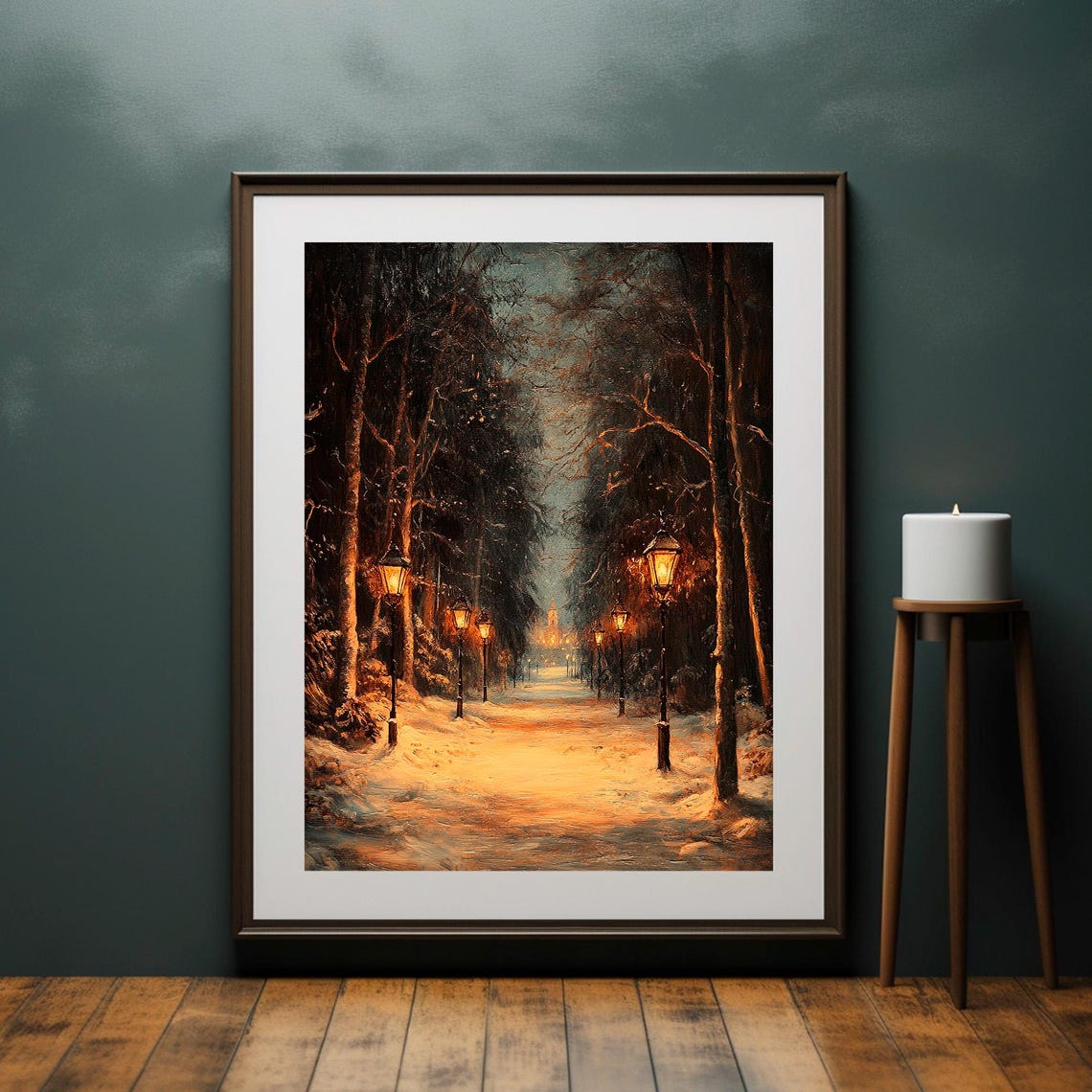 Snowy Lamplit Park Avenue Winter Night Vintage Painting Poster - Image 4