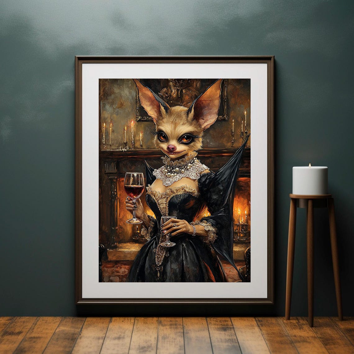 Gothic Bat Lady Black Gown Wine Glass Fireside Portrait Art Poster - Image 4