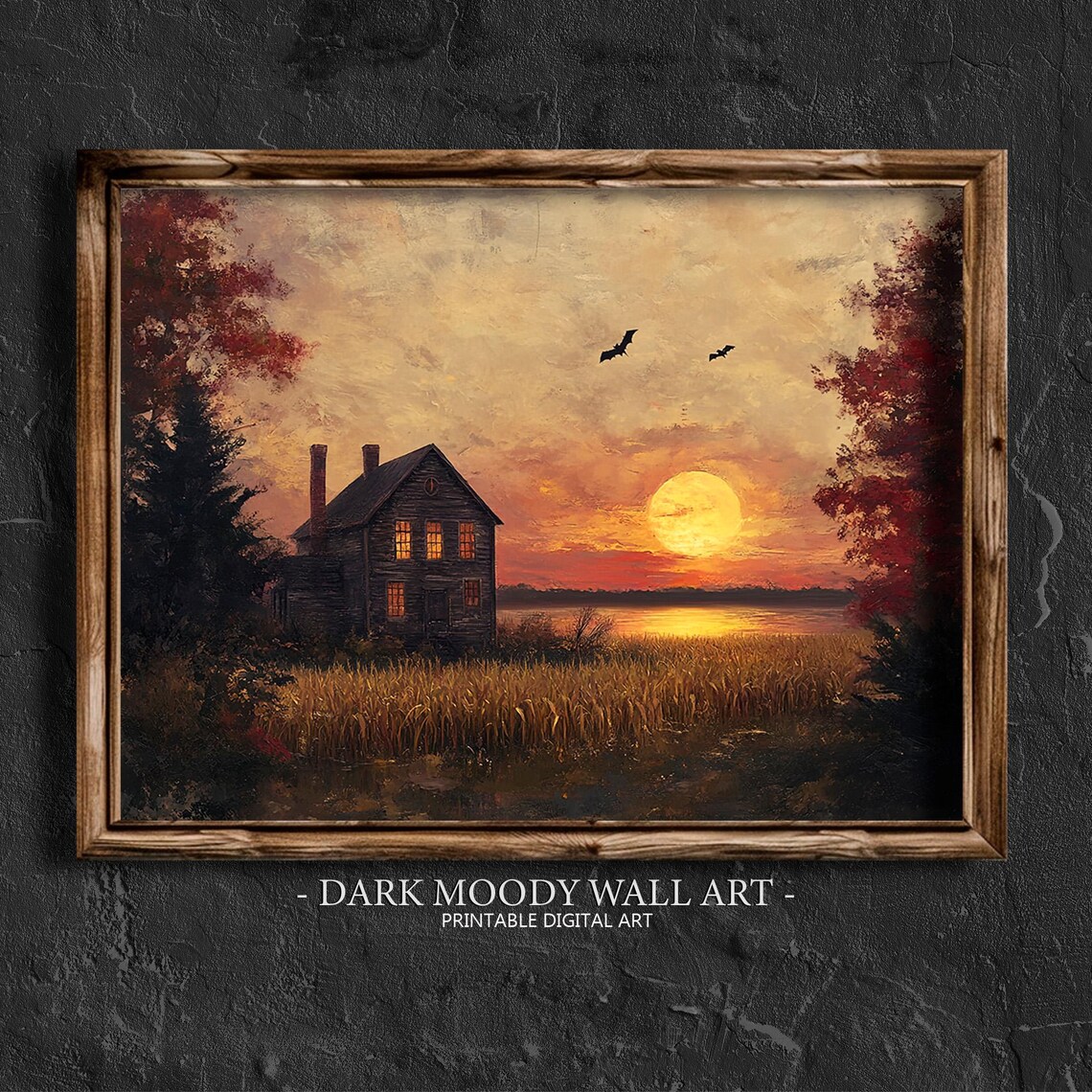 Halloween Haunted House Red Sunset Bats Lake Spooky Moody Painting Poster