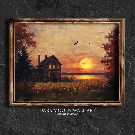 Halloween Haunted House Red Sunset Bats Lake Spooky Moody Painting Poster