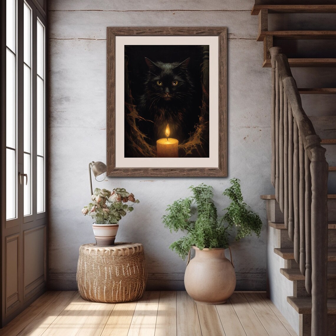 Black Cat in Darkness Behind Lit Candle Glowing Eyes Gothic Halloween Poster - Image 5