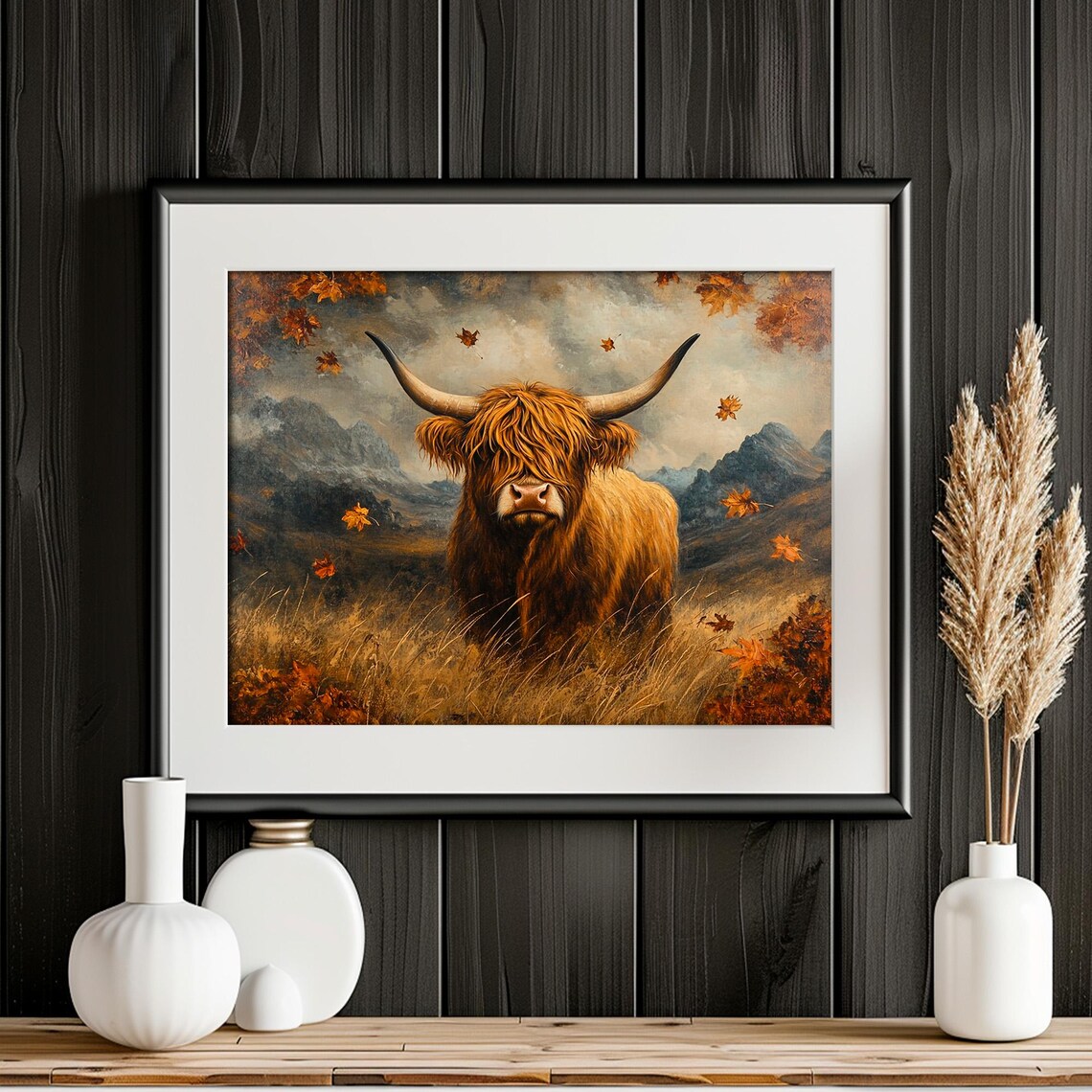 Highland Cow Autumn Mountains Rustic Farm Animal Portrait Wall Art - Image 2