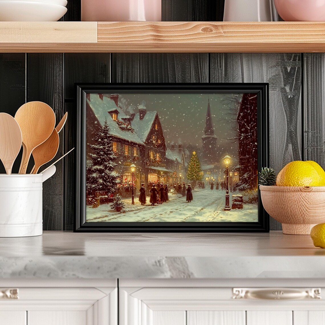 Vintage Christmas Village Wall Art Victorian City Town Street During Christmas Winter Snowy Painting Print - Image 4