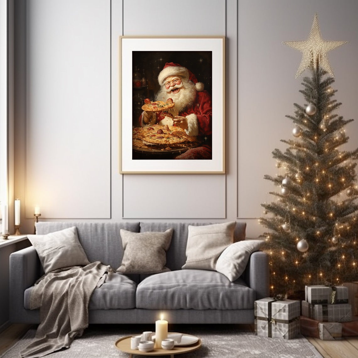Funny Santa Claus Eating Pizza Painting Christmas Holiday Poster - Image 4
