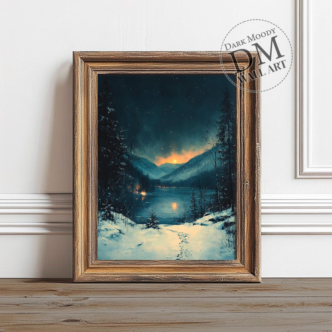 Winter Night Lake Moody Snowy Mountain Starry Landscape Print